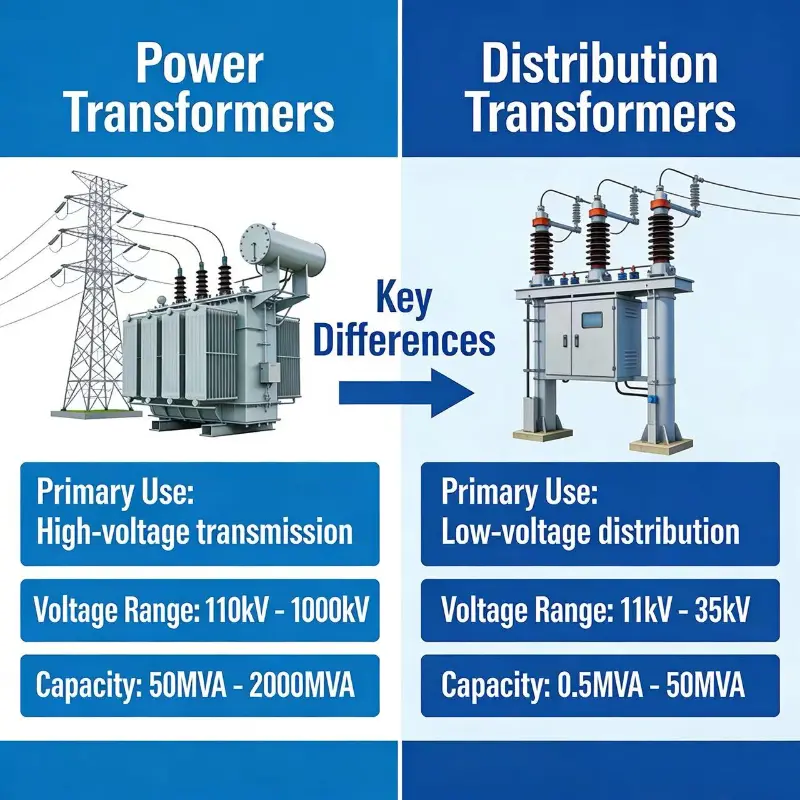 Ano ang pagkakaiba sa pagitan ng power transformer at distribution transformer?